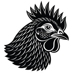 Rooster Head Profile Illustration, Detailed Black and White Design on White Background