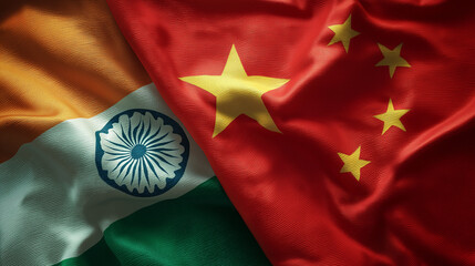 India and china flags intertwined symbolizing relations digital artwork global context close-up view unity concept