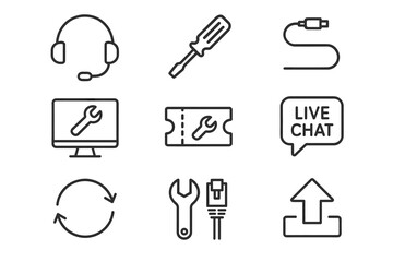 Fototapeta premium Technical support icons set: tools, chat, and connection symbols for customer service