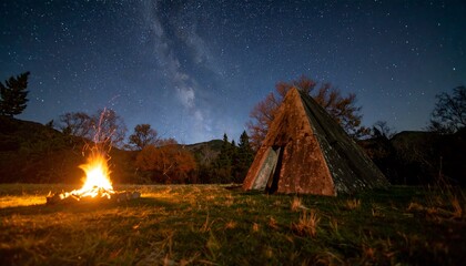 Campfire under starry sky, ancient hut