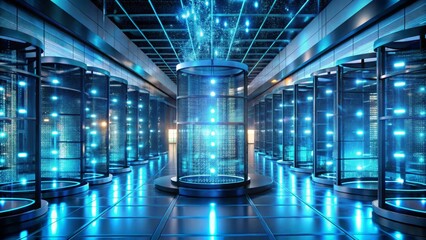 Stunning futuristic data center with glowing blue servers and digital information flow