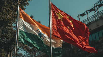National flags displaying unity india and china outdoor setting high-resolution image cultural significance