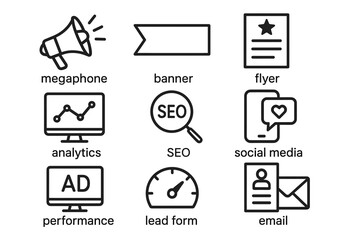 Digital marketing icons: megaphone, banner, flyer, analytics, seo, social media, ad, lead form, email