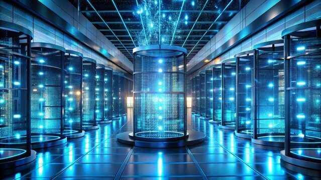 Stunning futuristic data center with glowing blue servers and digital information flow
