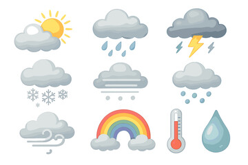 Obraz premium Weather icons: sun, clouds, rain, lightning, snow, rainbow, thermometer, wind, water drop
