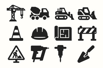 Fototapeta premium Construction icons set: crane, cement mixer, bulldozer, safety gear, tools