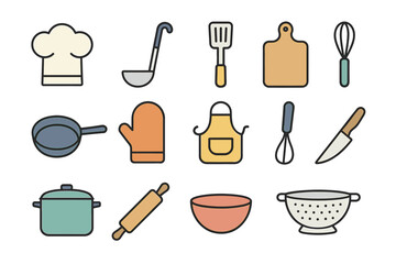 Cartoon kitchen utensils collection featuring pots, pans, and cooking tools
