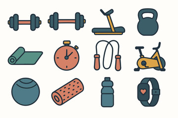 Colorful fitness equipment icons: dumbbells, treadmill, kettlebell, jump rope, water bottle