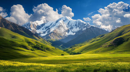 Fototapeta premium Mountain Scenery Features: Snow-capped peaks, rugged cliffs, alpine meadows.