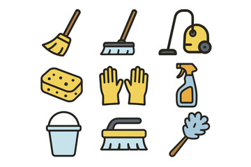 Cleaning tools icons: broom, mop, vacuum, sponge, gloves, spray bottle, bucket, brush, duster