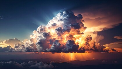 Towering cumulonimbus cloud glowing orange and purple at sunset over grassy field.