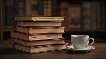 Stack of old books with a cup of coffee in a cozy library setting