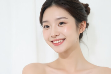 Female Asian Model with Short Hair - Young Beautiful Woman with Hair Bun - Studio Portrait of Asian Beauty for Fashion, Cosmetic, Skincare - Posing on White Background - Smooth Tied Hair