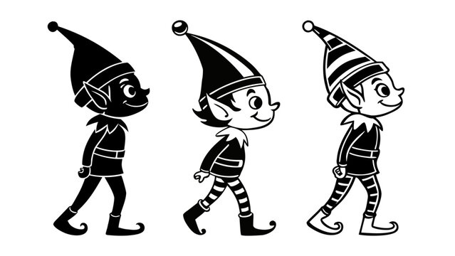 Silhouette Christmas Elf Vector Set &ndash; Walking Holiday Elf Illustration in Black and White.
