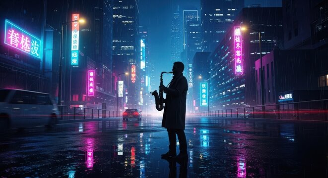 A lone saxophone player performs in a vibrant city street at night surrounded by neon lights and reflections - Powered by Adobe
