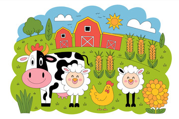 Obraz premium Playful vector illustration of a farm with smiling animals (cow, sheep, chicken) and crops, bold outlines, bright cheerful colors, white background