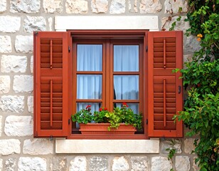 Obraz premium A rustic window with shutters and flowers