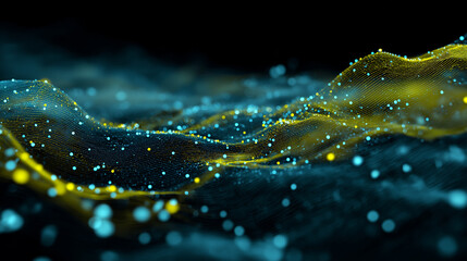 Yellow particle wave on grid. Digital data landscape for tech themes.