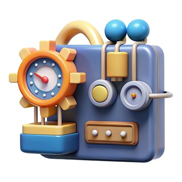 A colorful cartoon machine with clock and knobs view
