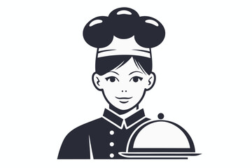 Simple Line Art of Chef with Mustache Wearing Chef Hat on White Background