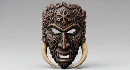 Obraz premium An ornate, dark brown tribal mask with intricate carvings, a fierce expression, bared teeth, and two large tusks.