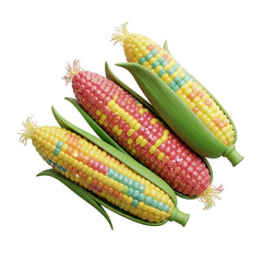 Colorful multicolored corn cobs with vibrant kernels on transparent background for healthy food visuals.