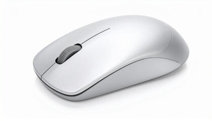 Sleek silver wireless mouse with black scroll wheel on white surface.