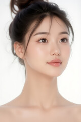 Female Asian Model with Short Hair - Young Beautiful Woman with Hair Bun - Studio Portrait of Asian Beauty for Fashion, Cosmetic, Skincare - Posing on White Background - Smooth Tied Hair