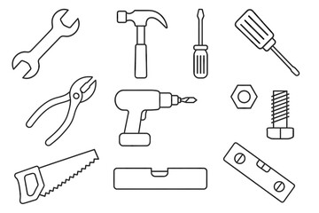 Outline illustrations of hand and power tools in a variety of shapes