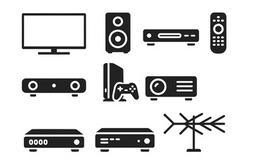 Home entertainment icons: tv, speakers, gaming console, remote, projector, antenna, soundbar, receiver