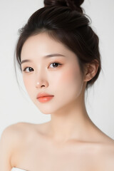 Obraz premium Female Asian Model with Short Hair - Young Beautiful Woman with Hair Bun - Studio Portrait of Asian Beauty for Fashion, Cosmetic, Skincare - Posing on White Background - Smooth Tied Hair
