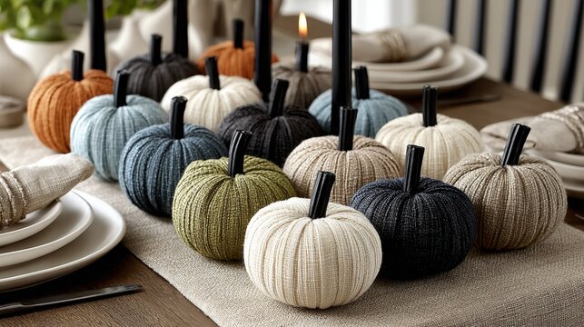 Mocha linen runner with teal napkins and mini-pumpkins for Halloween decor