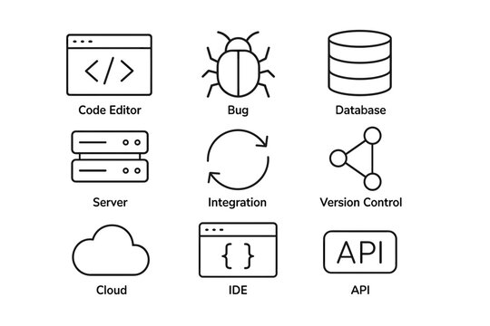 Tech icons: code editor, bug, database, server, integration, version control, cloud, ide, api