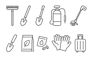 Gardening tools collection: rake, shovels, sprayer, trimmer, gloves, fertilizer, seeds, suitcase