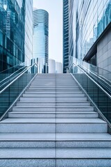 Modern cityscape staircase leading upwards between skyscrapers