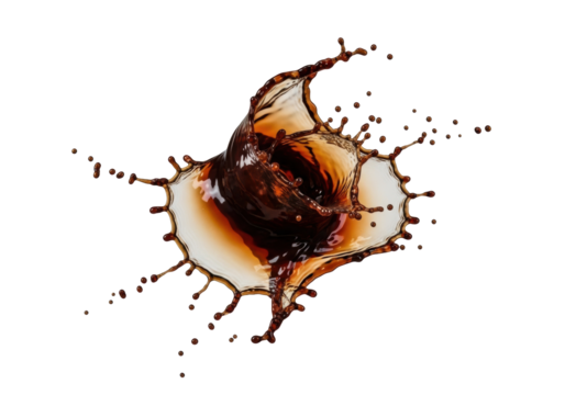 Rich, dark brown coffee, frozen mid-air in a complex splash formation with intricate swirls, arcing lines, tiny droplets, against a seamless matte transparent background, high-angle, dynamic beauty