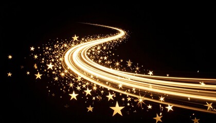 Glowing light trail with scattered golden stars on dark background