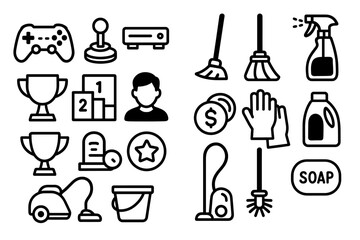 Icon set of gaming trophies cleaning tools male portrait