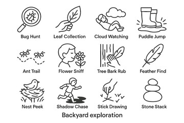 Backyard activities icons: nature exploration for kids