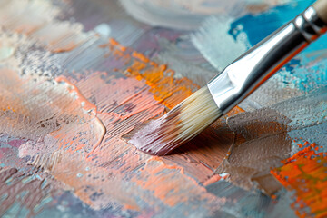 Obraz premium The hand of an artist mixing oil paints on a wooden palette, bright colors intertwining with each other, thick and textured brushstrokes.