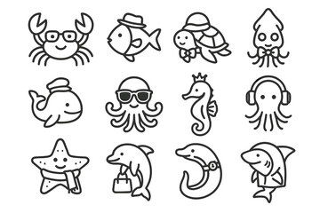 Cute cartoon sea creatures: octopus, squid, seahorse, dolphin, shark, turtle, crab