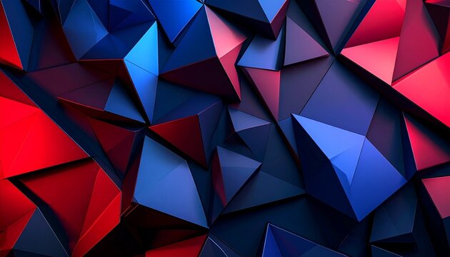 3D abstract geometric pattern with overlapping blue and red triangles.