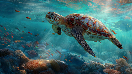 Fototapeta premium Green Sea Turtle Swimming Over Colorful Coral Reef in Clear Turquoise Water