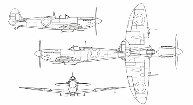 Detailed Line Drawing of a Supermarine Spitfire Aircraft, Multiple Views