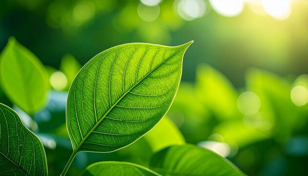 Sunlit green leaves on branch with soft bokeh background. - Powered by Adobe