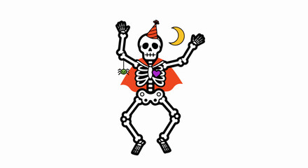 Festive Skeleton in Red Cape, Party Hat, Dancing