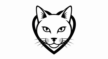 Monochrome Cat Head Illustration, Heart-Shaped Frame, Detailed Whiskers