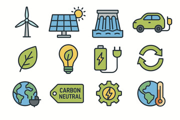 Sustainable energy icons featuring wind, solar, electric car, and carbon neutral concepts