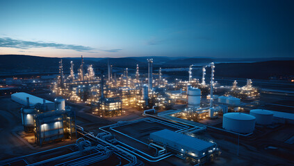 Obraz premium Illuminated industrial complex at twilight with a vast network of pipes and structures