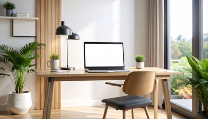 A cozy, minimalist home office with natural light, wooden furniture, and lush indoor plants.